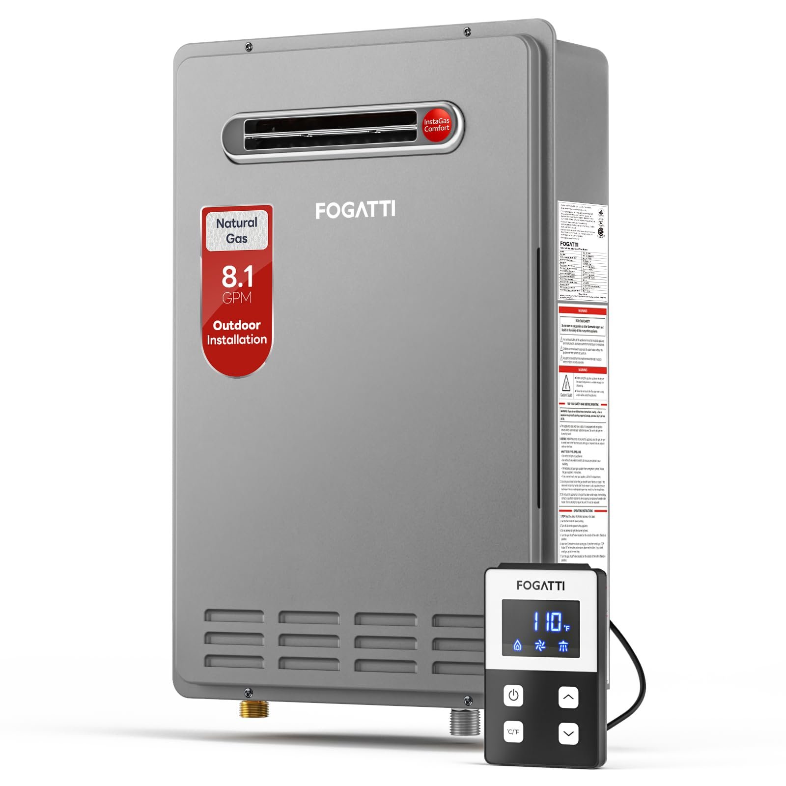 61CuNUTyYEL FOGATTI 8.1 GPM Tankless Water Heater Natural Gas Outdoor, CSA Certified Instant Hot Water, 180,000 BTU - Image 1
